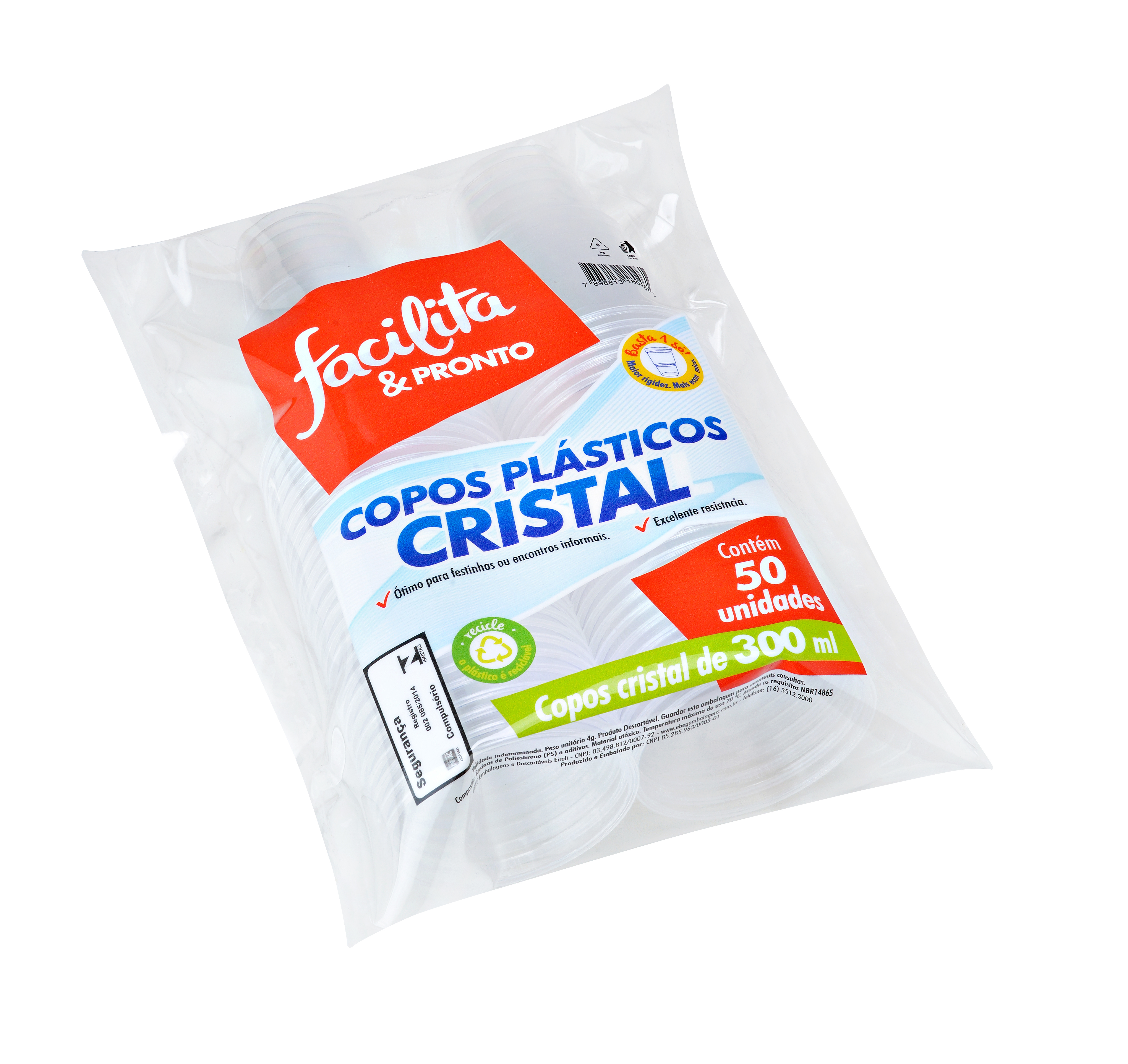 Copo Cristal Descartável 300ml Transparente Facilita & Pronto Pacote com 50 unidades