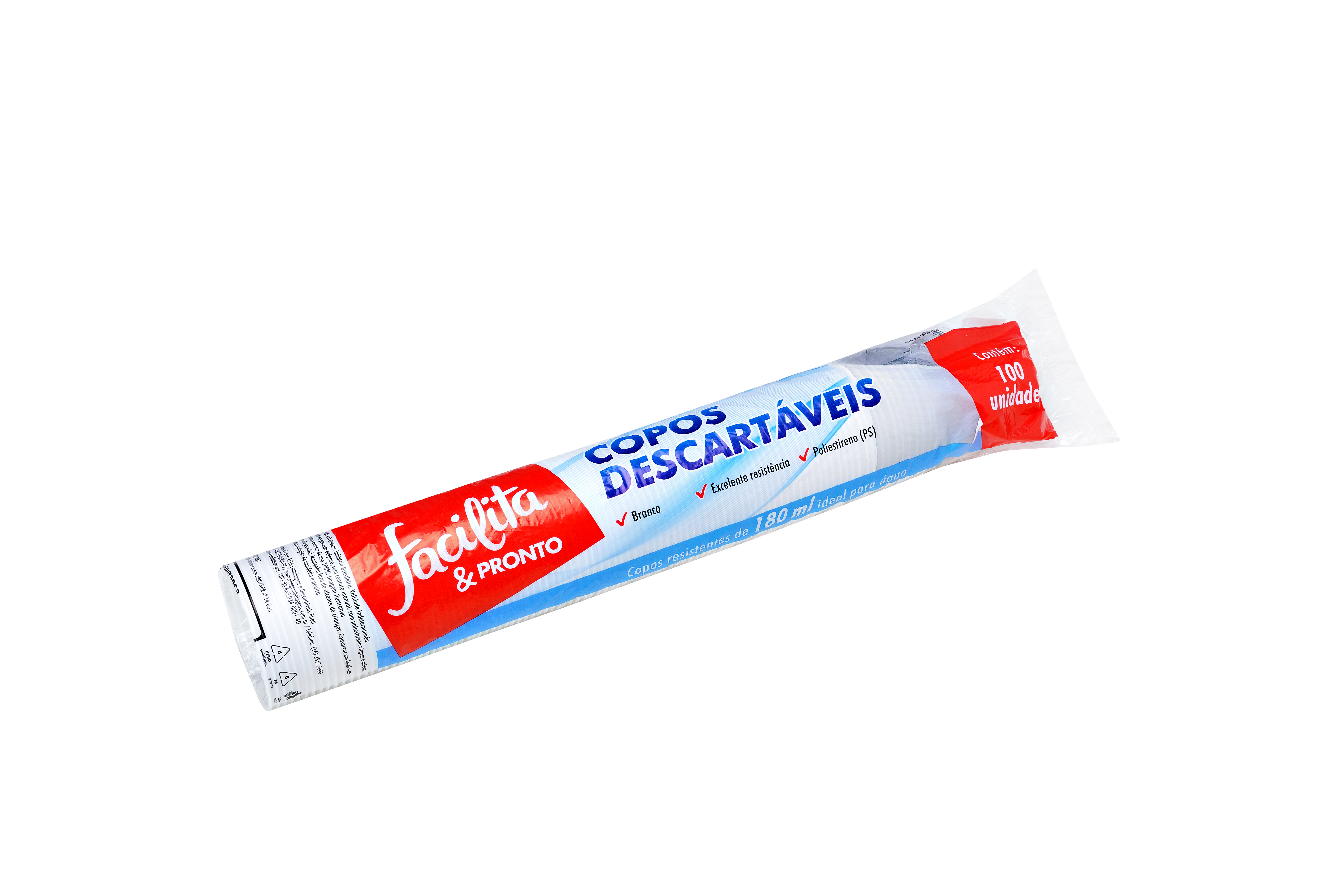 Copo Plástico 180ml PS Branco Facilita & Pronto Pacote com 100 unidades