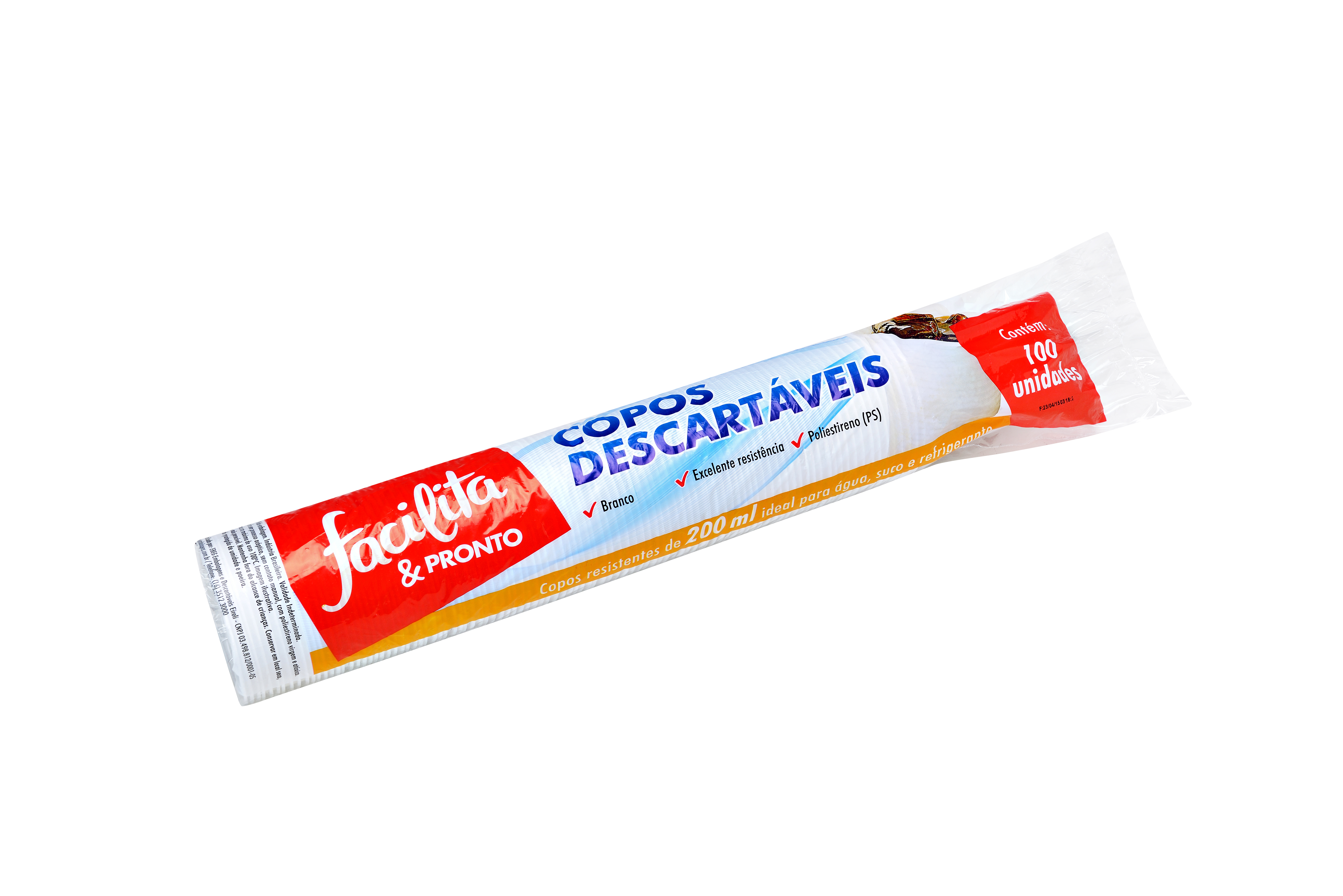 Copo Plástico 200ml PS Branco Facilita & Pronto Pacote com 100 unidades