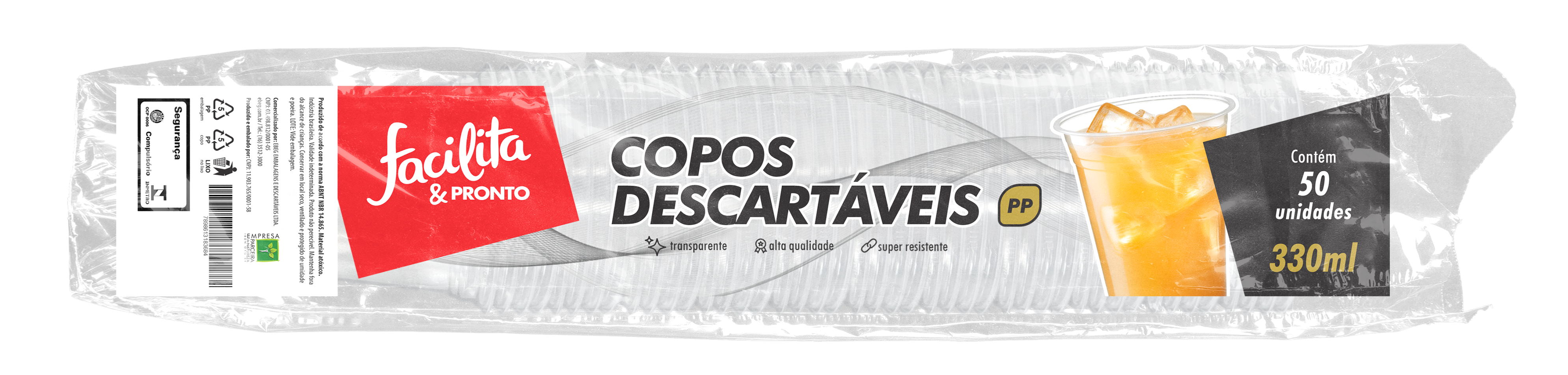 Copo Plástico 330ml PP Liso Transparente Facilita & Pronto Pacote com 50 unidades