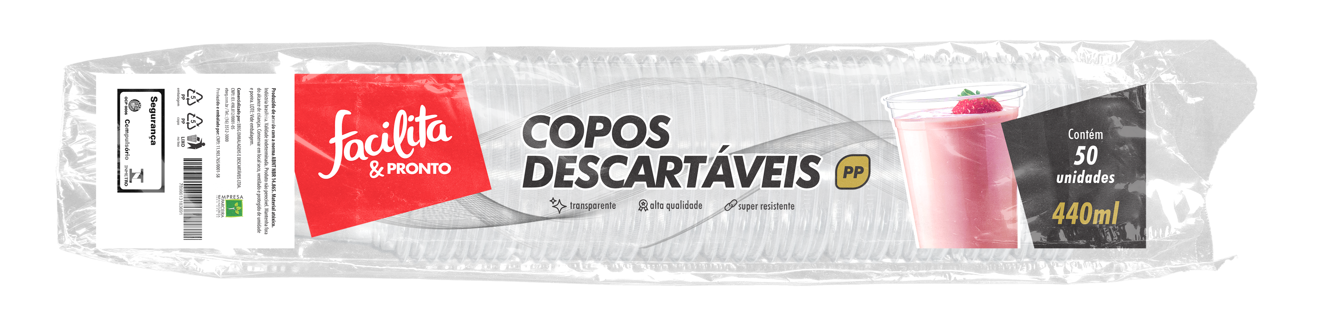 Copo Plástico 440ml PP Liso Transparente Facilita & Pronto Pacote com 50 unidades