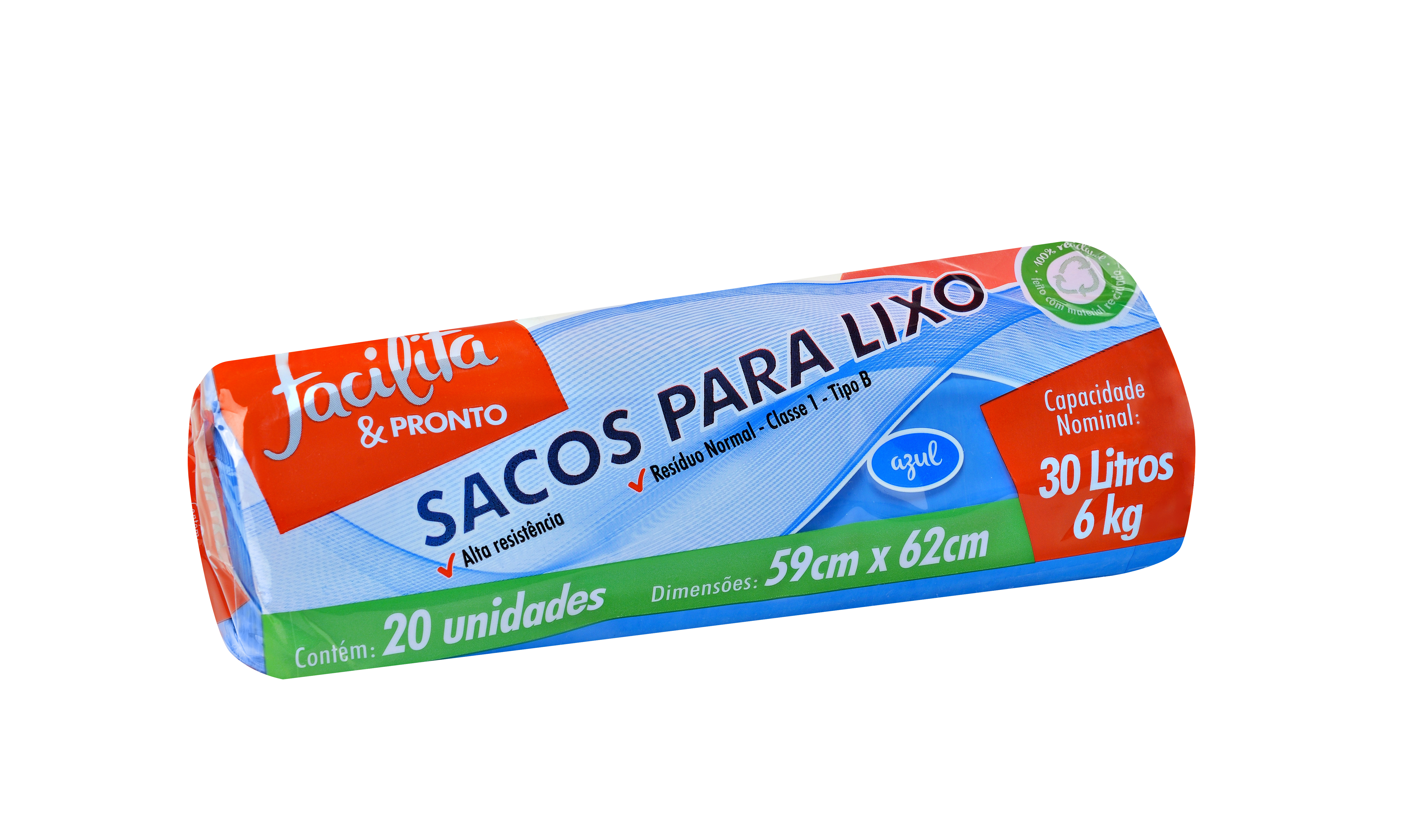 BOLSA DE BASURA EN ROLLO AZUL 30 LITROS FACILITA & PRONTO PAQUETE CON 20 UNIDADES