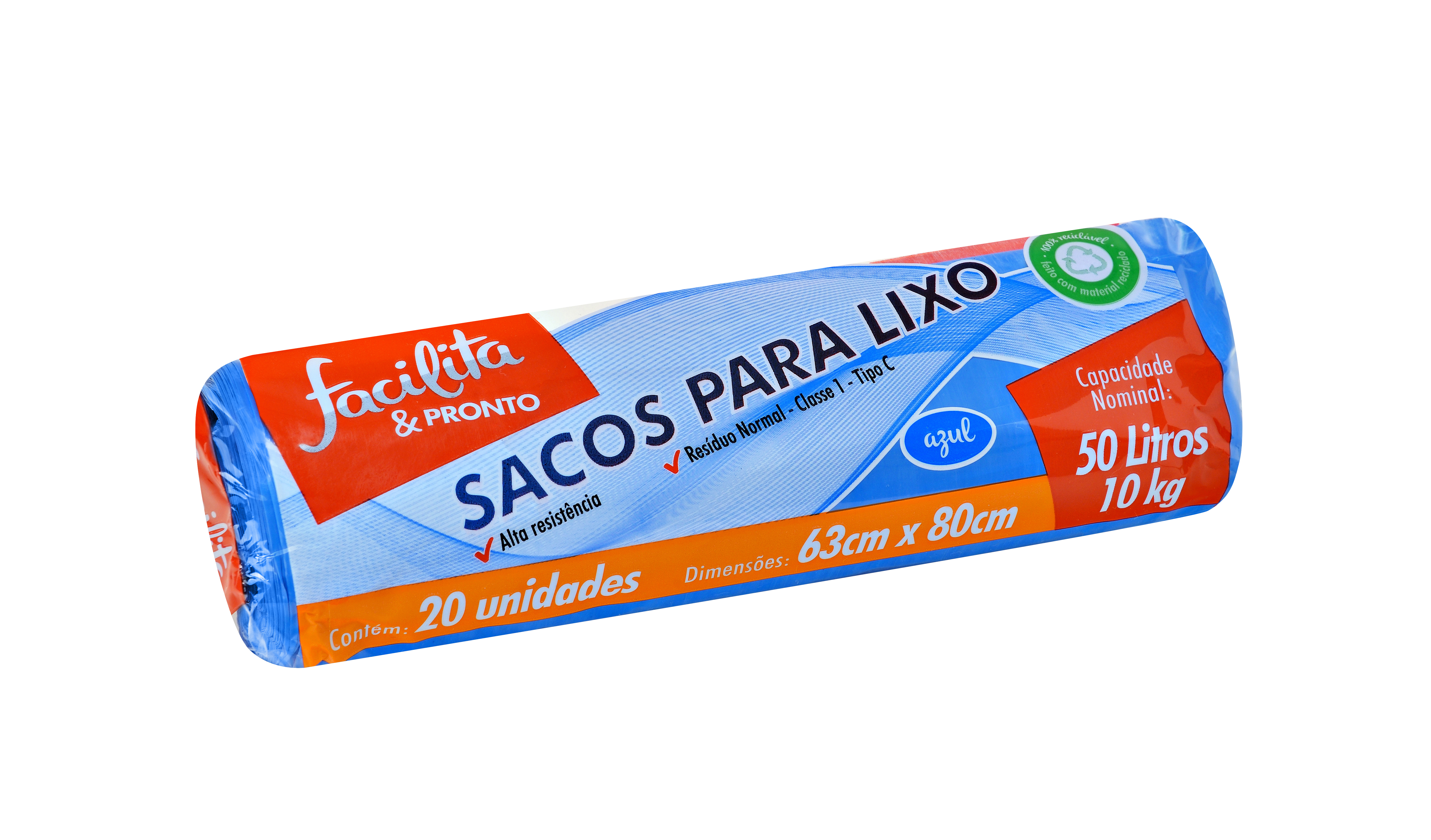 BOLSA DE BASURA EN ROLLO AZUL 50 LITROS FACILITA & PRONTO PAQUETE CON 20 UNIDADES