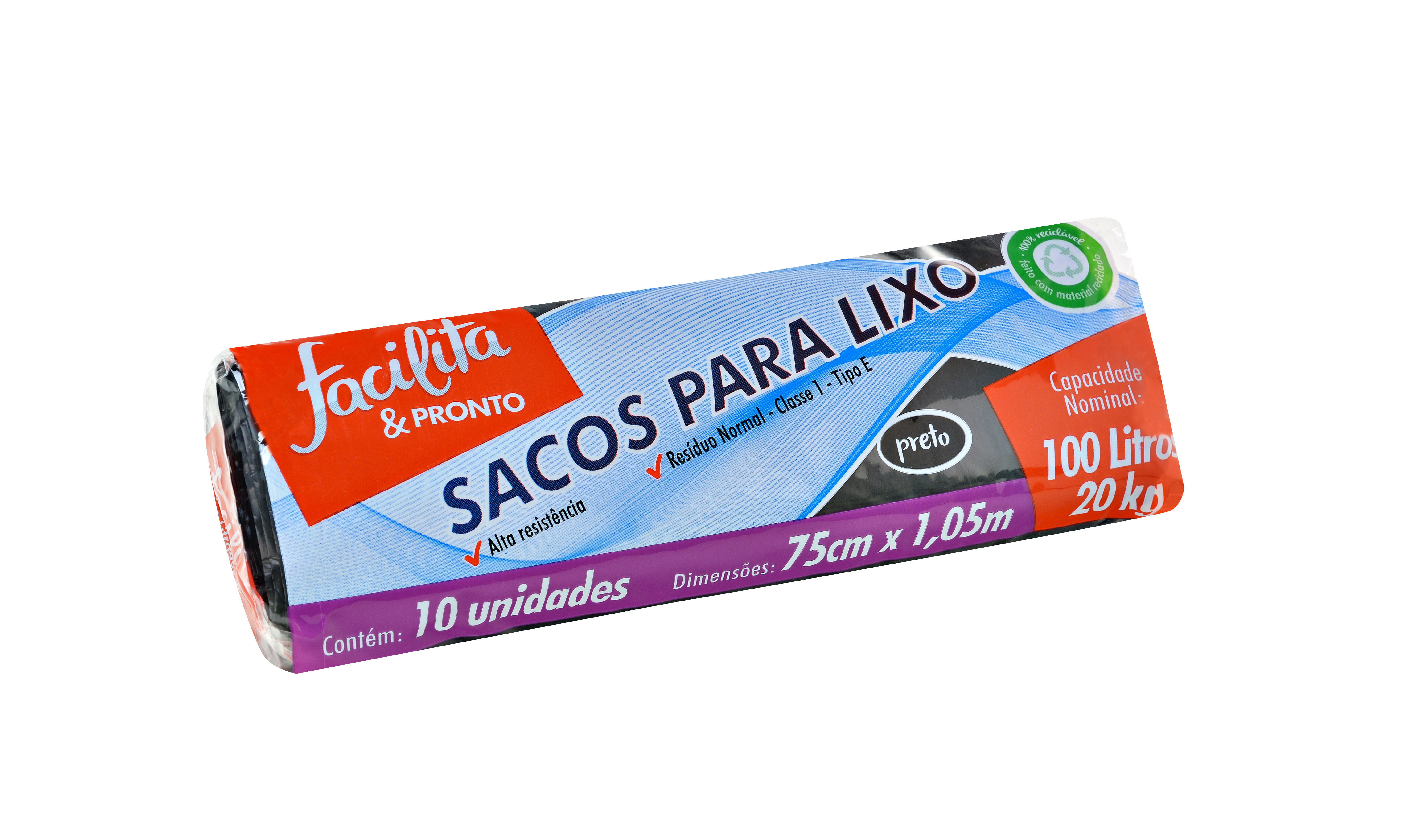 BOLSA DE BASURA EN ROLLO NEGRA 100 LITROS FACILITA & PRONTO PAQUETE CON 10 UNIDADES